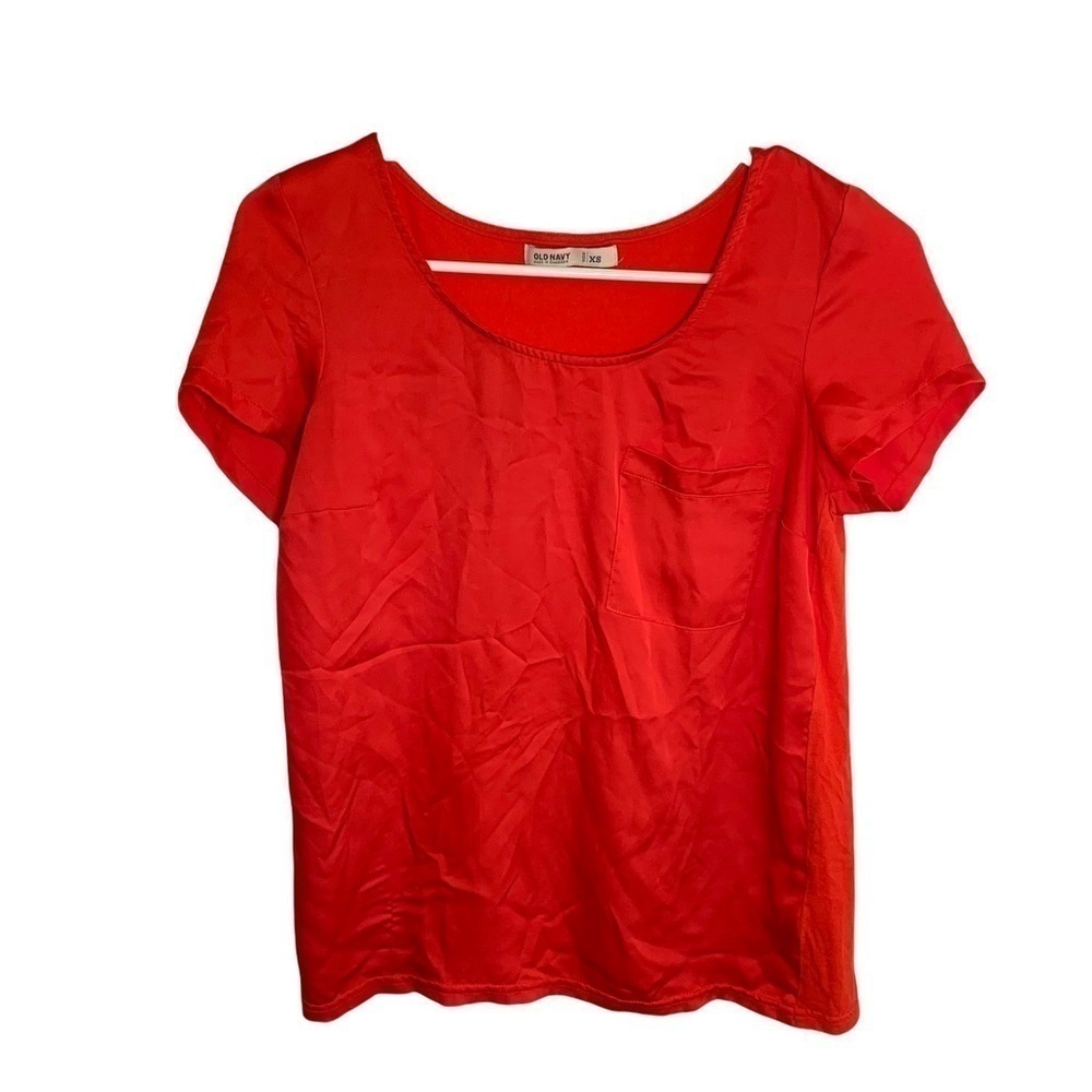 Old Navy Womens Sz XS Scoop Neck Short Sleeve Blouse Red Pink Mixed Media Pocket